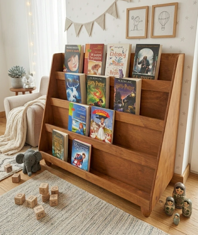 Biblioteczka drewniana stojąca na książki z nóżkami