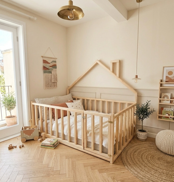 Łóżko domek podłogowe 2w1 z barierkami 65 cm i bramką dla dziecka