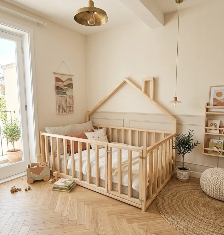 Łóżko domek podłogowe 2w1 z barierkami 65 cm i bramką dla dziecka