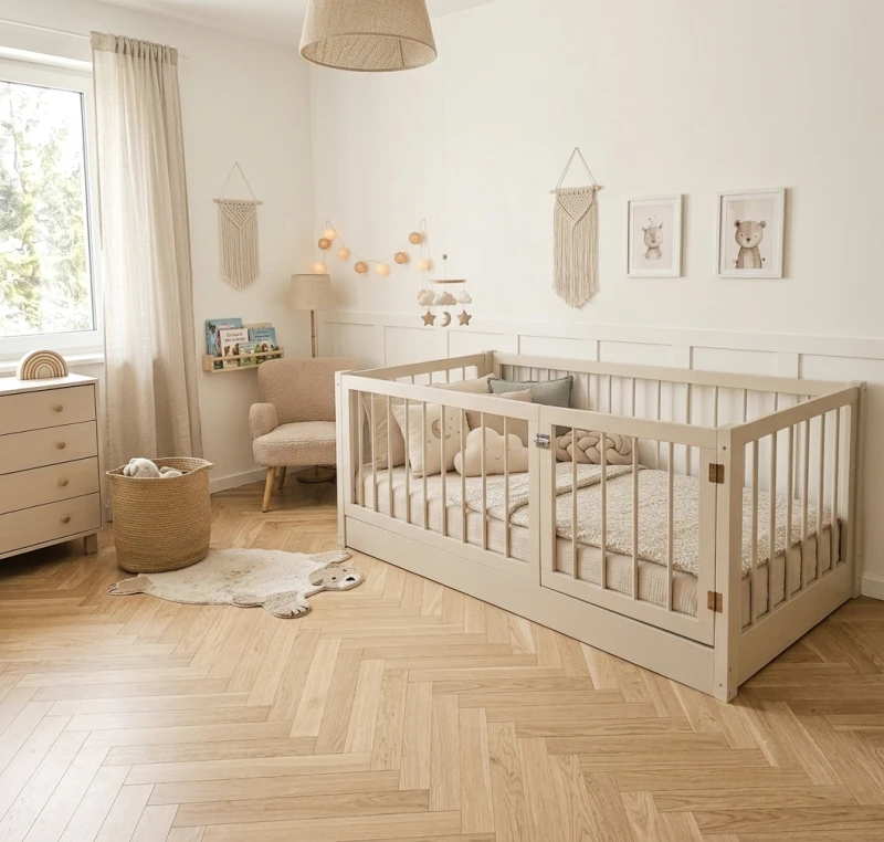 Beżowe łóżko podłogowe z barierkami 65 cm i bezpieczną bramką dla dziecka