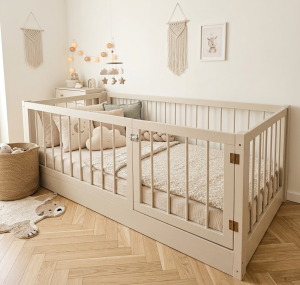 Solidne drewniane łóżko podłogowe Montessori z wysokimi barierkami ochronnymi