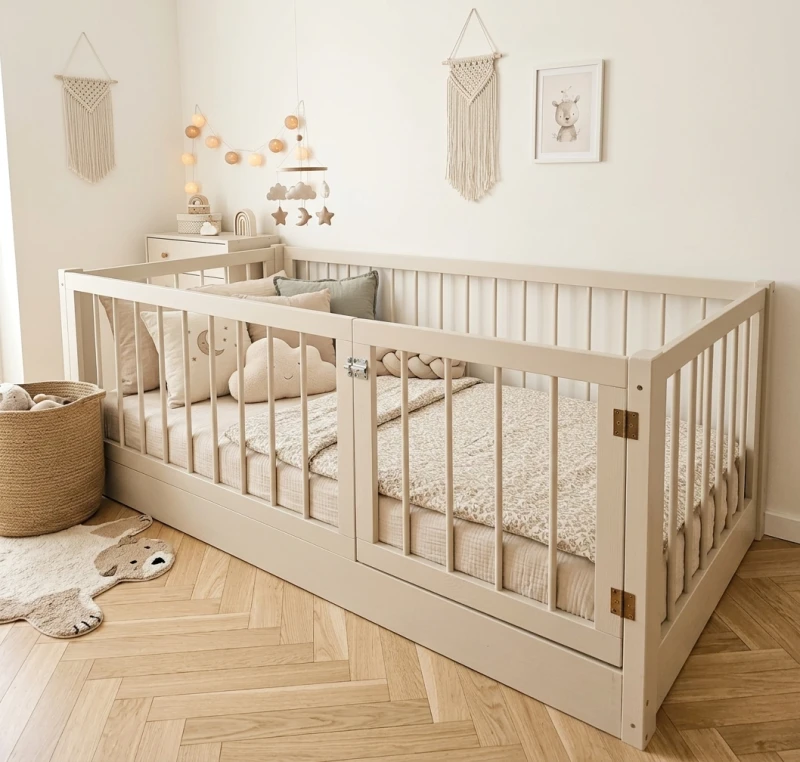 Solidne drewniane łóżko podłogowe Montessori z wysokimi barierkami ochronnymi