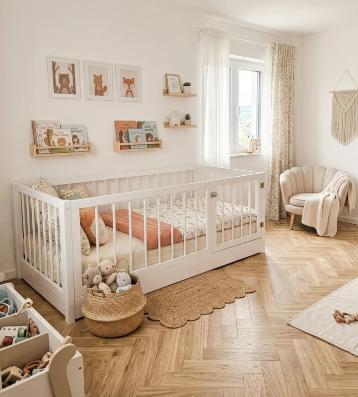 Łóżko białe dziecięce kojec z bramką – widok z boku